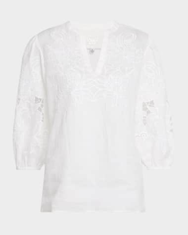 Johnny Was Sadie Cutout Floral-Embroidered Ramie Blouse