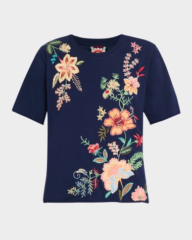 Johnny Was Floral-Embroidered Cotton T-Shirt