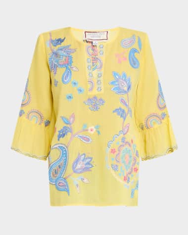 Johnny Was Embroidered Ruffle Bell-Sleeve Blouse