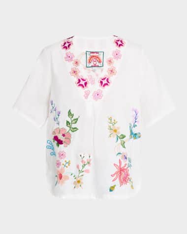 Johnny Was Embroidered V-Neck Linen Blouse