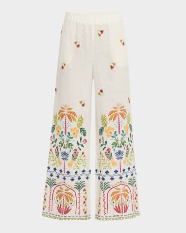 Johnny Was Soller Wide-Leg Printed Linen Twill Pants