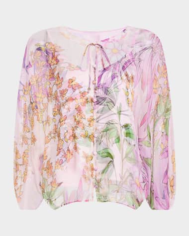 Johnny Was Harlyn Floral-Print Chiffon Blouse