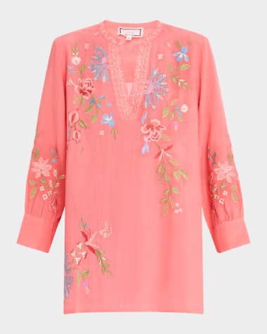 Johnny Was Voyager Floral-Embroidered Henley Tunic