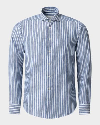 Eton Men's Signature Linen Stripe Contemporary Fit Casual Button-Down Shirt