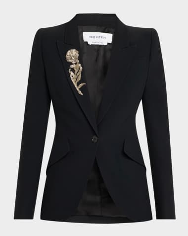 McQueen Crystal Rose Embroidered Single-Breasted Blazer
