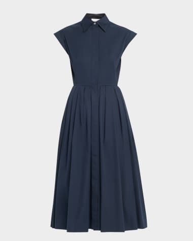 McQueen Cap-Sleeve Pleated Midi Shirtdress