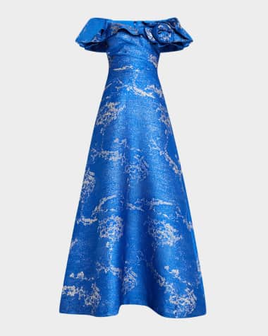 Rickie Freeman for Teri Jon Off-Shoulder Metallic Jacquard Gown