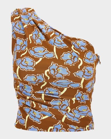 Versace Poppies-Print Crepe Jersey One-Shoulder Crop Blouse