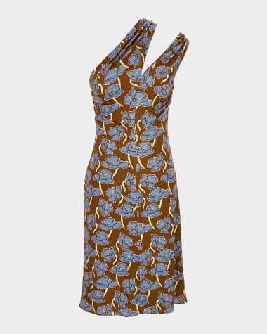 Versace Floral Print One-Shoulder Backless Crepe Cocktail Dress