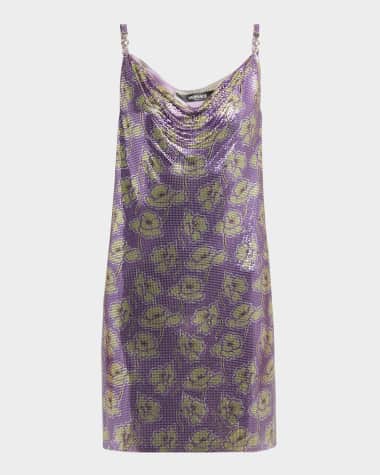 Versace Cowl-Neck Poppies-Print Chainmail Mini Dress
