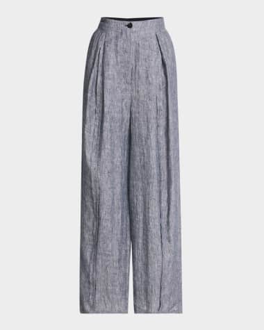 Emporio Armani Pleated Wide-Leg Linen Chambray Trousers