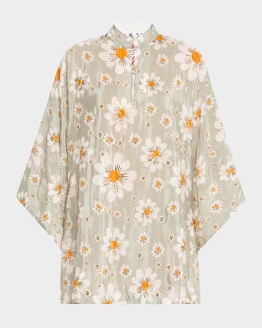 La Vie Style House Embroidered Floral-Print Mini Caftan