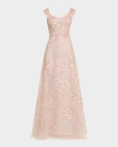 Rickie Freeman for Teri Jon Floral-Embroidered Tulle Gown