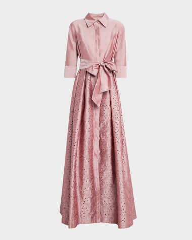 Rickie Freeman for Teri Jon Floral-Embroidered Eyelet Taffeta Shirt Gown