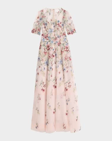 Rickie Freeman for Teri Jon Floral-Embroidered Illusion Tulle Gown