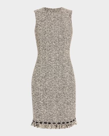 Rickie Freeman for Teri Jon Ribbon-Trim Fringed Tweed Dress