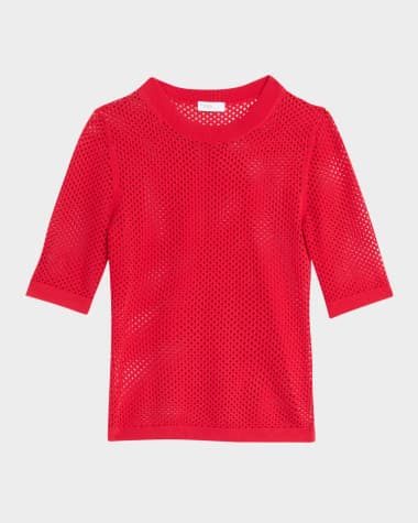 Rosetta Getty Crop-Sleeve Mesh Knit Sweater