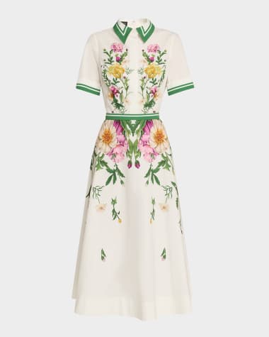 Rickie Freeman for Teri Jon Belted Floral-Print Cotton Midi Shirtdress