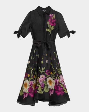 Rickie Freeman for Teri Jon Floral-Print Silken Linen Midi Shirtdress