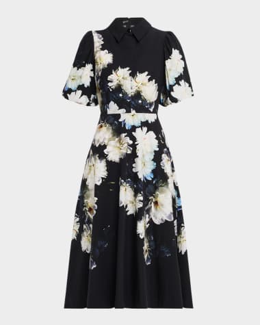 Rickie Freeman for Teri Jon Floral-Print Cotton Midi Shirtdress