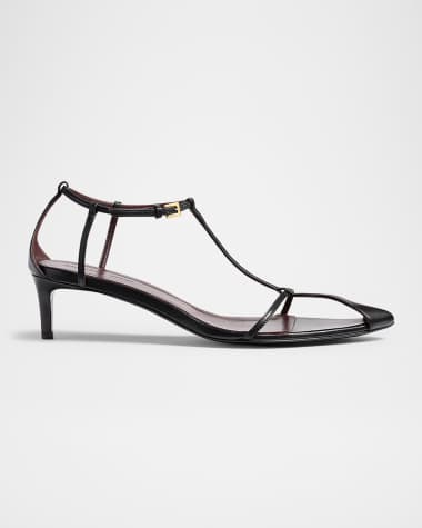 Khaite Bella Leather T-Strap Kitten-Heel Sandals