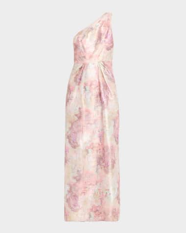 Aidan Mattox Pleated One-Shoulder Metallic Jacquard Gown