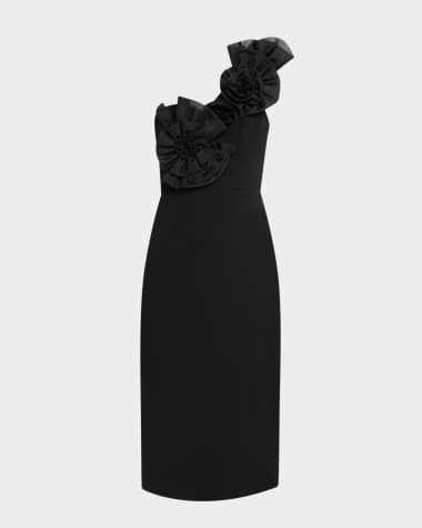 Aidan Mattox One-Shoulder Floral Applique Crepe Midi Dress