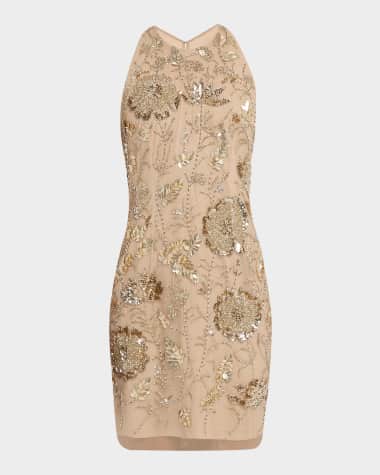Aidan Mattox Floral Bead & Sequin Halter Mini Dress