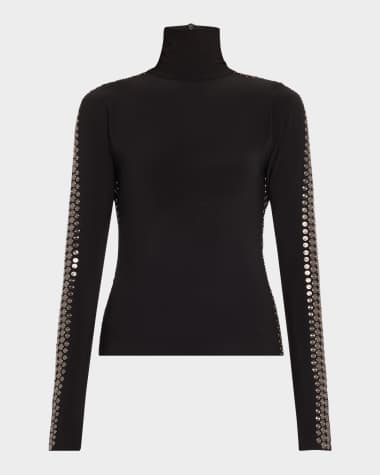 Norma Kamali Gunmetal Stud Slim-Fit Turtleneck Top