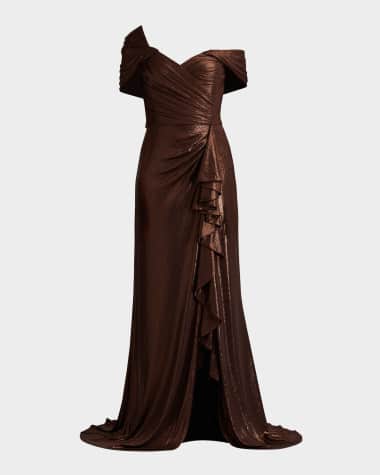 Tadashi Shoji Pleated One-Shoulder Metallic Gown
