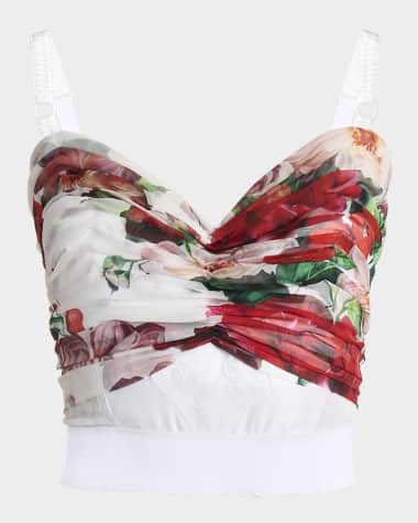 Dolce&Gabbana Bouquet Rose Chiffon Ruched Crop Tank Top