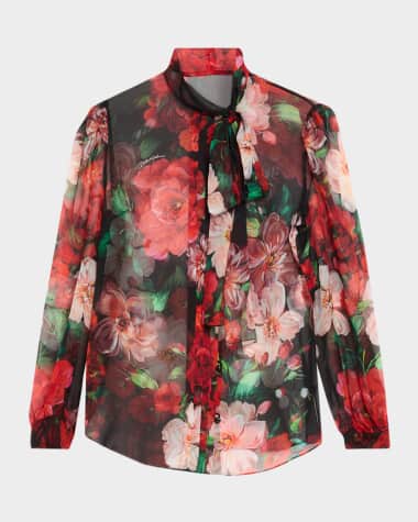 Dolce&Gabbana Rose Bouquet Chiffon Neck-Tie Blouse