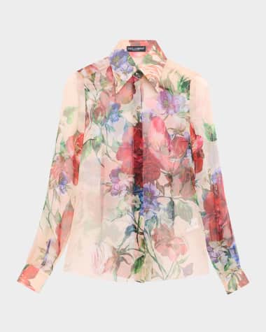 Dolce&Gabbana Bouquet Fantichi Sheer Chiffon Button-Down Blouse