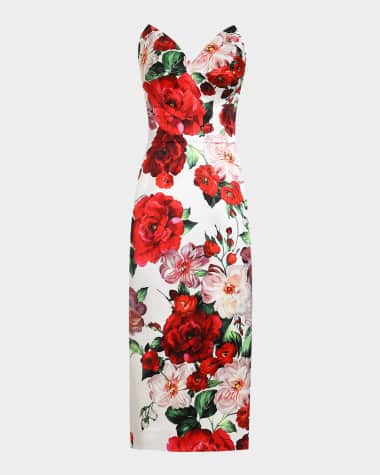 Dolce&Gabbana Strapless Rose Bouquet Satin Midi Dress