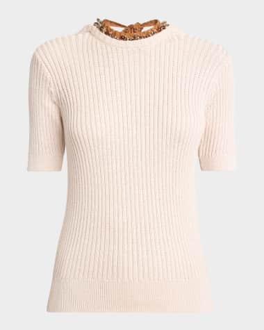 Dries Van Noten Tonia Beaded Short-Sleeve Low-Back Sweater