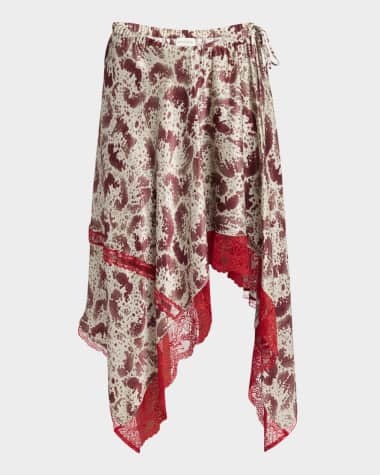 Dries Van Noten Shake Printed Lace-Trim Handkerchief Silk Skirt