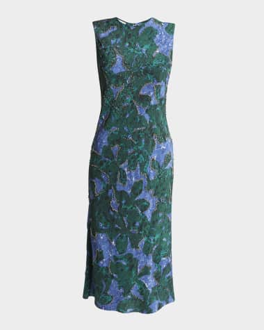 Dries Van Noten Depal Studded Midi Printed Sheath Silk Dress