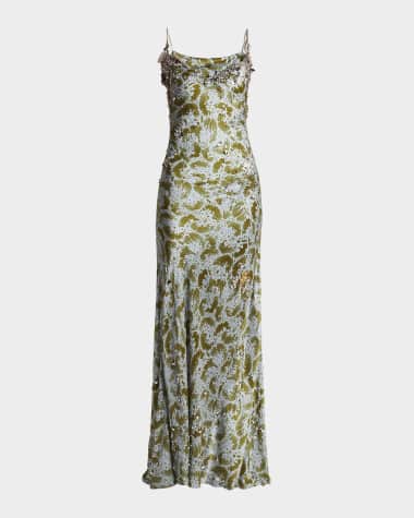 Dries Van Noten Deryl Cowl-Neck Long Studded Silk Dress