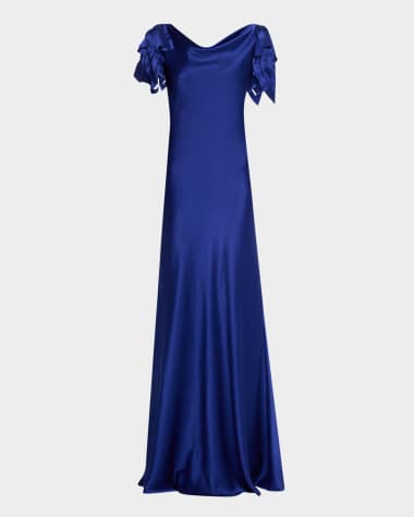 Alberta Ferretti Cowl-Neck Petal-Sleeve Satin Gown