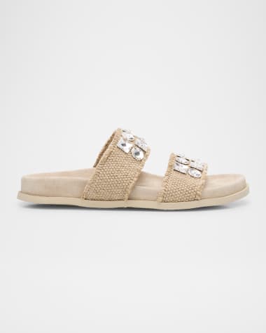 Pedro Garcia Dilys Two-Band Embellished Frayed Linen Sandals