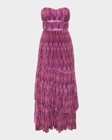 Hutch Renza Strapless Pleated Floral-Print Tulle Gown