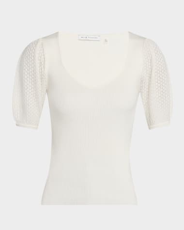 Elie Tahari The Piper Ribbed Pointelle-Sleeve Sweater