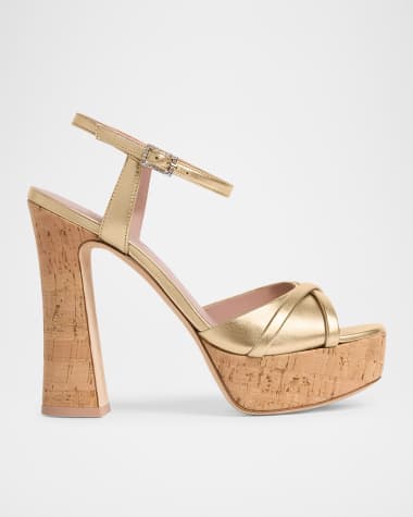 Malone Souliers Metallic Leather Crisscross Cork Platform Sandals