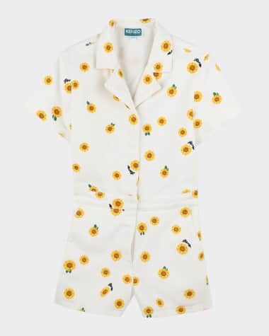 Kenzo Girl's Embroidered Sunflower-Print Romper, Size 2-4