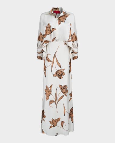 Halston Marcelle Floral-Print Satin Shirt Gown