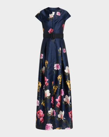 Sachin & Babi Marta Belted Floral-Print Mikado Gown