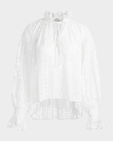 Alice + Olivia Norah Eyelet Tie-Front Peasant Blouse