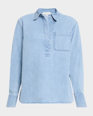 Lafayette 148 New York Patch-Pocket Denim Popover Shirt