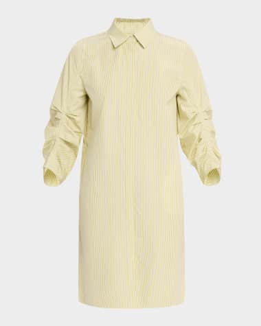 Lafayette 148 New York Striped Pleated-Sleeve Midi Shirtdress