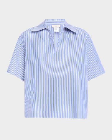 Lafayette 148 New York Striped Point-Collar Popover Blouse